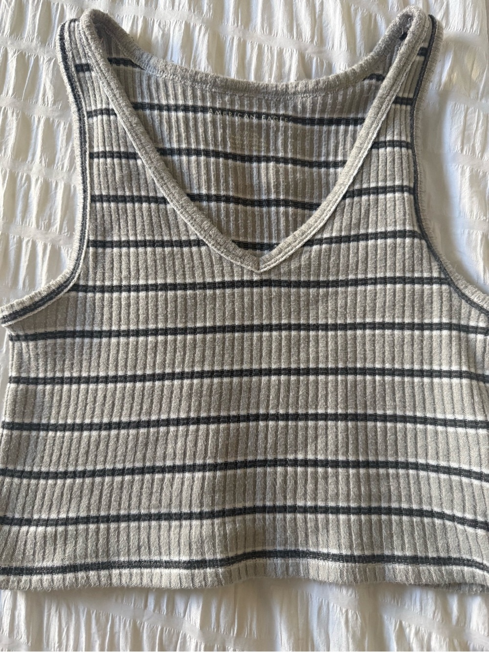 American Eagle Striped Ribbed V-Neck Tank Top - Cream/Gray